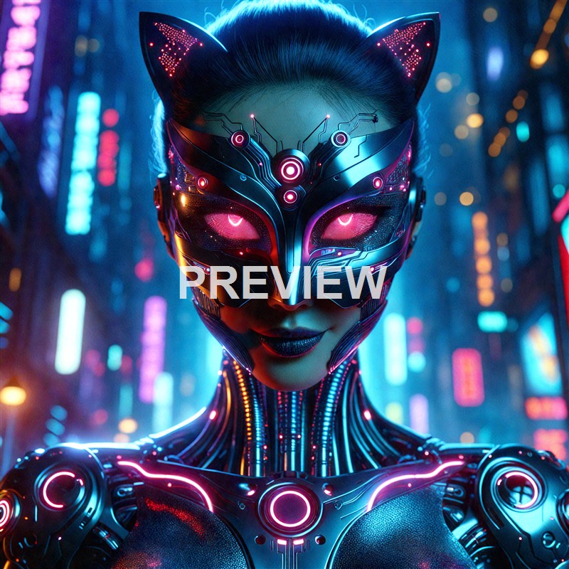 A futuristic, humanoid robot with a sleek, cybernetic face mask featuring glowing pink eyes and cat ears, set against a neon-lit cityscape background.